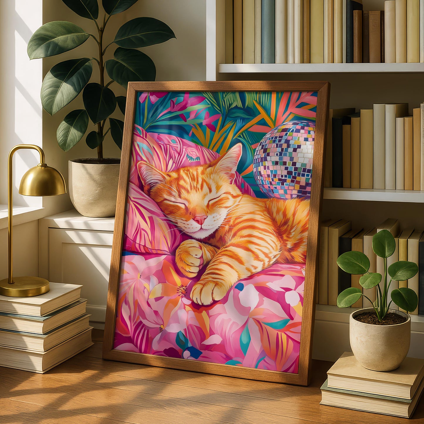 Disco Ball - Ginger Cat Print - Funky Kitchen Wall Art - Eclectic Prints - Maximalist Decor