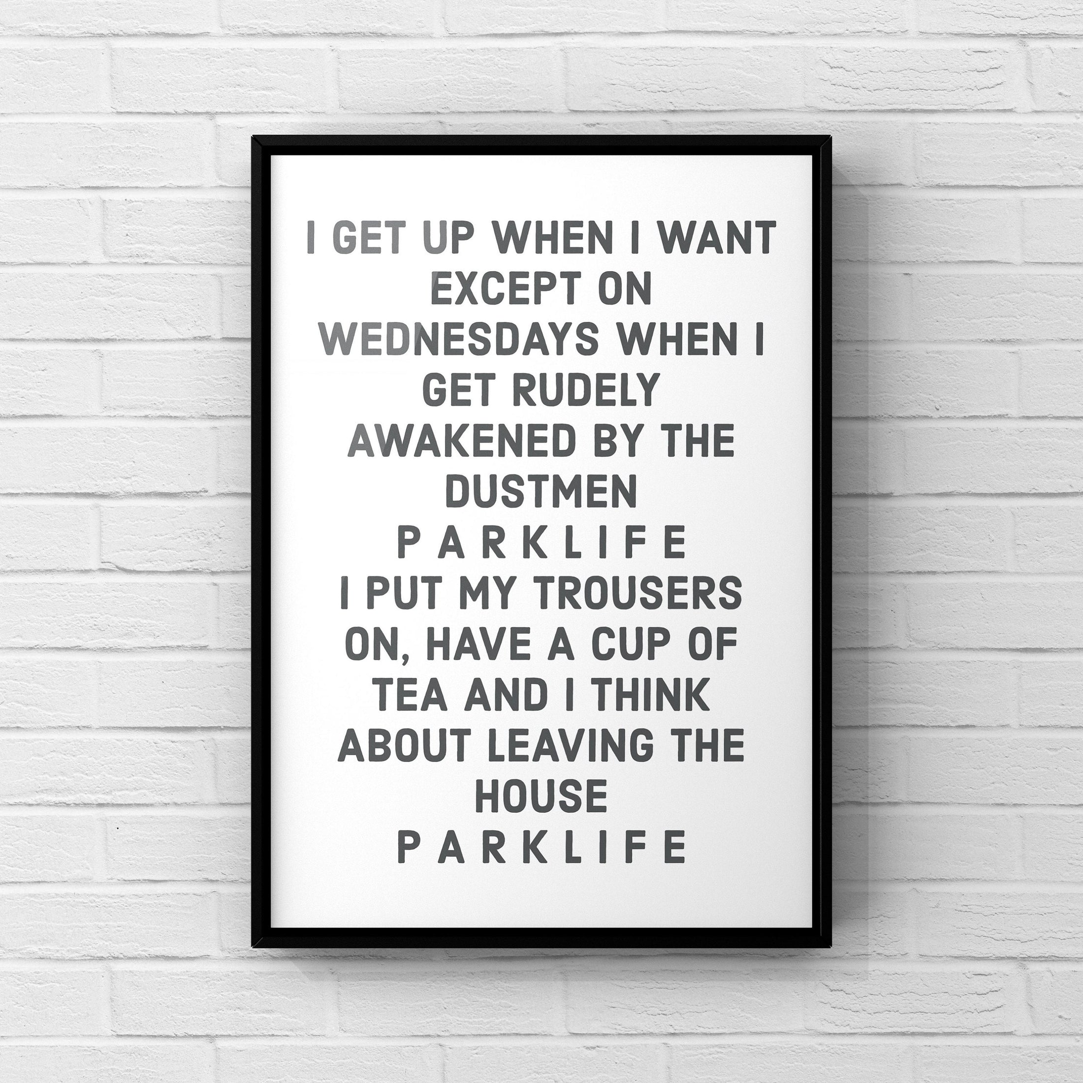 Parklife Lyrics Print: Music Poster, Home Office Decor