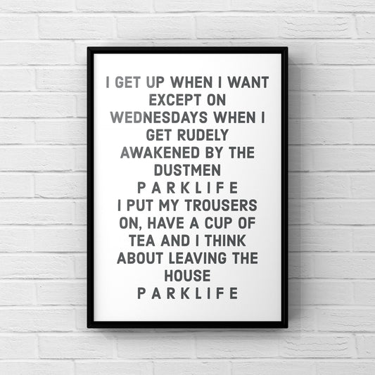 Parklife Lyrics Print: Music Poster, Home Office Decor