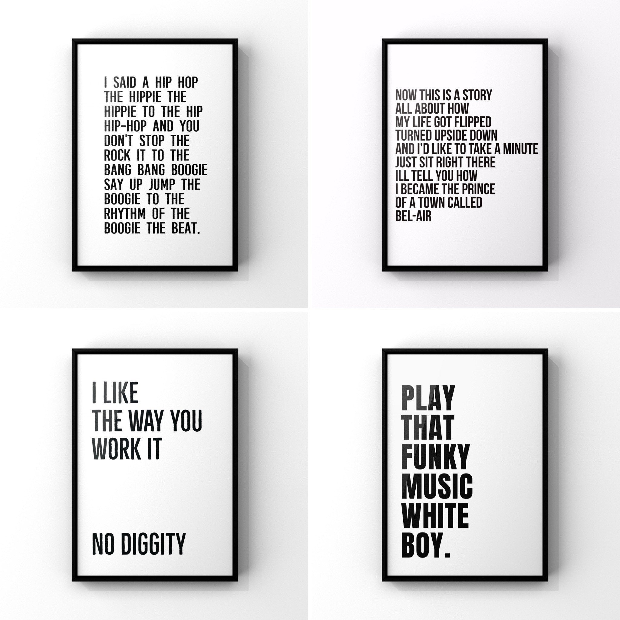 Music Lyrics Print Set | Gallery Wall Art Pack of 4 | Modern Home Decor | Hip Hop Print