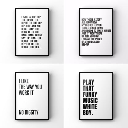 Music Lyrics Print Set | Gallery Wall Art Pack of 4 | Modern Home Decor | Hip Hop Print