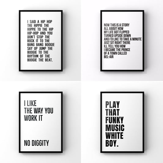 Music Lyrics Print Set | Gallery Wall Art Pack of 4 | Modern Home Decor | Hip Hop Print