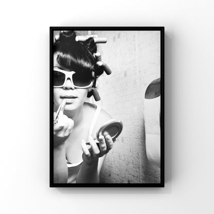 Funny Bathroom Art Print: Drunk Girl Makeup, Black & White Decor