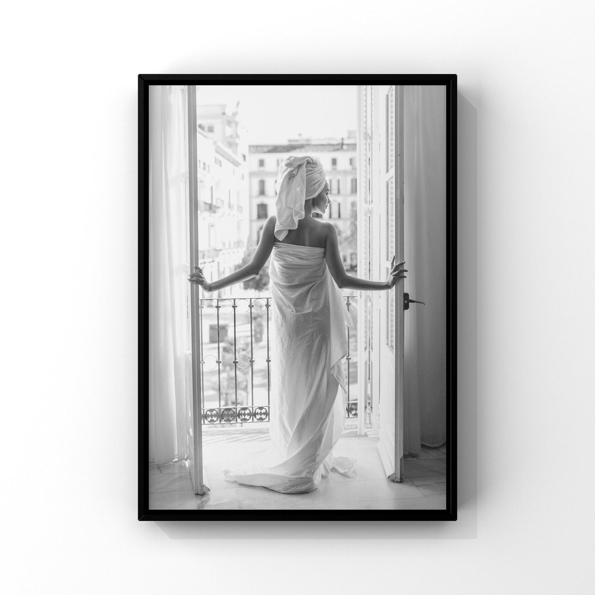 Black and White Bathroom Print: Woman on Balcony Wall Art