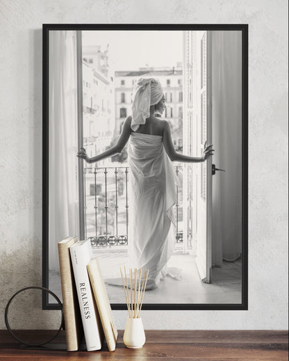 Black and White Bathroom Print: Woman on Balcony Wall Art