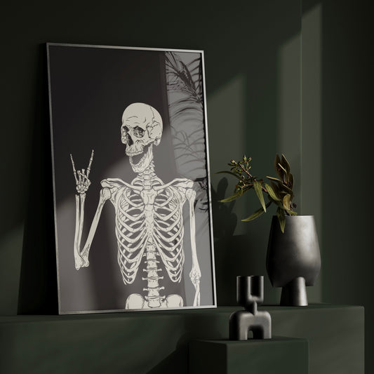 Skull Skeleton Art Print | Gothic Emo Decor | Black Accessories | Quirky Home Poster