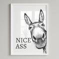 Load image into Gallery viewer, White and grey bathroom wall art print featuring a donkeys face with the humourous quote Nice Ass.
