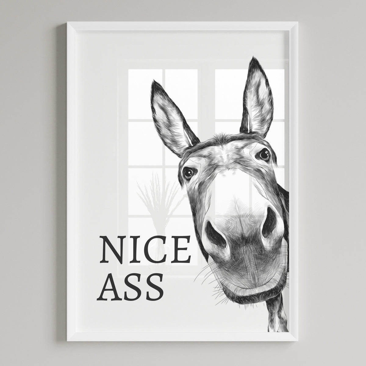 White and grey bathroom wall art print featuring a donkeys face with the humourous quote Nice Ass.