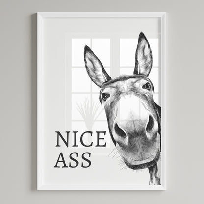 White and grey bathroom wall art print featuring a donkeys face with the humourous quote Nice Ass.