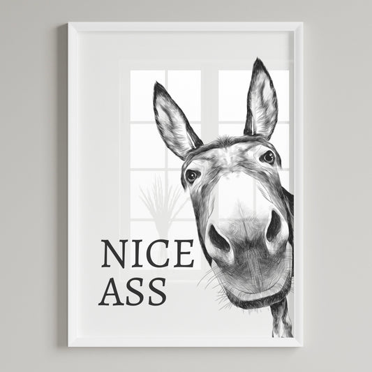 White and grey bathroom wall art print featuring a donkeys face with the humourous quote Nice Ass.