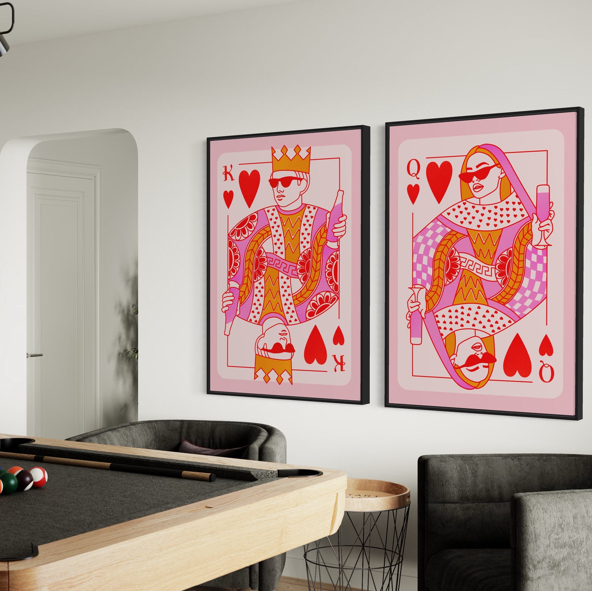 King & Queen Poker Card Prints: Pink Lounge Decor