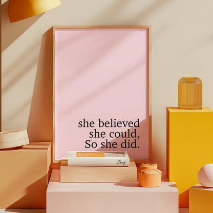 She Believed She Could Print: Pink Home Decor, Girls Room Art