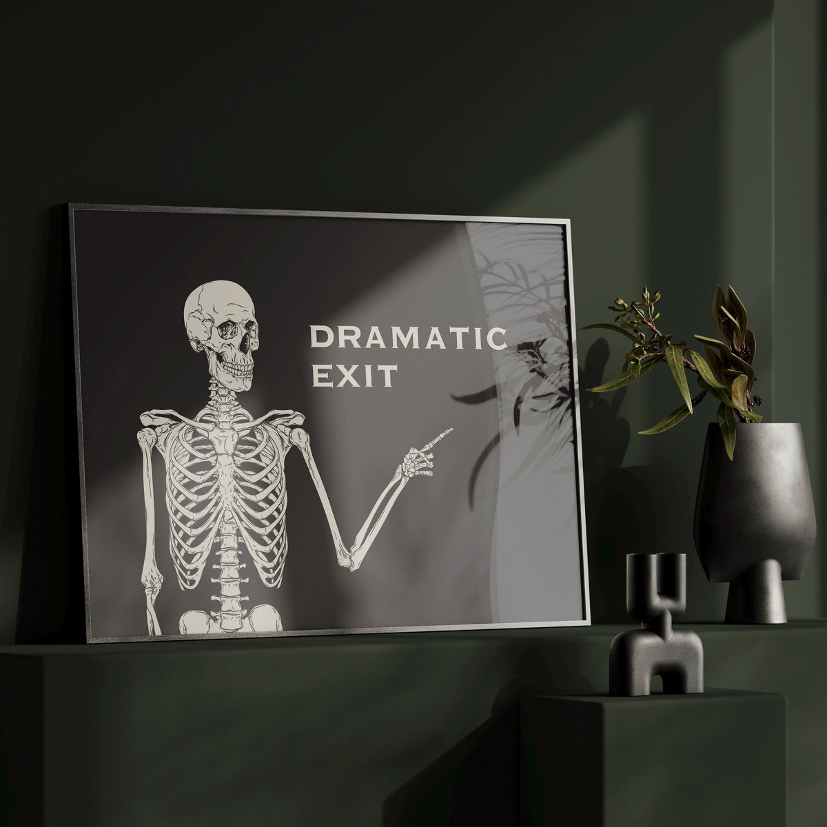Funny Skull Print: Black and White Skeleton Art - Dramatic Exit