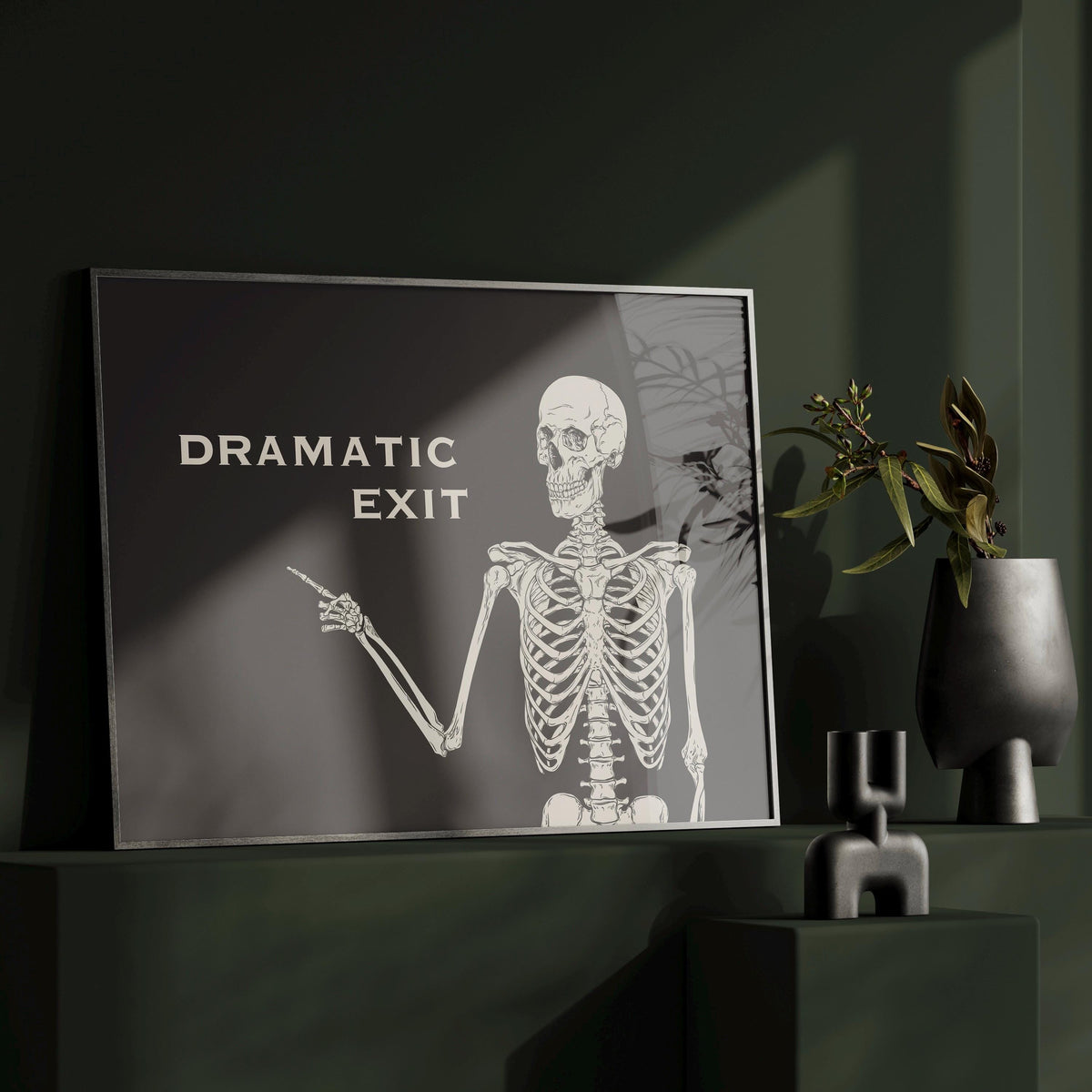 Funny Skull Print: Black and White Skeleton Art - Dramatic Exit