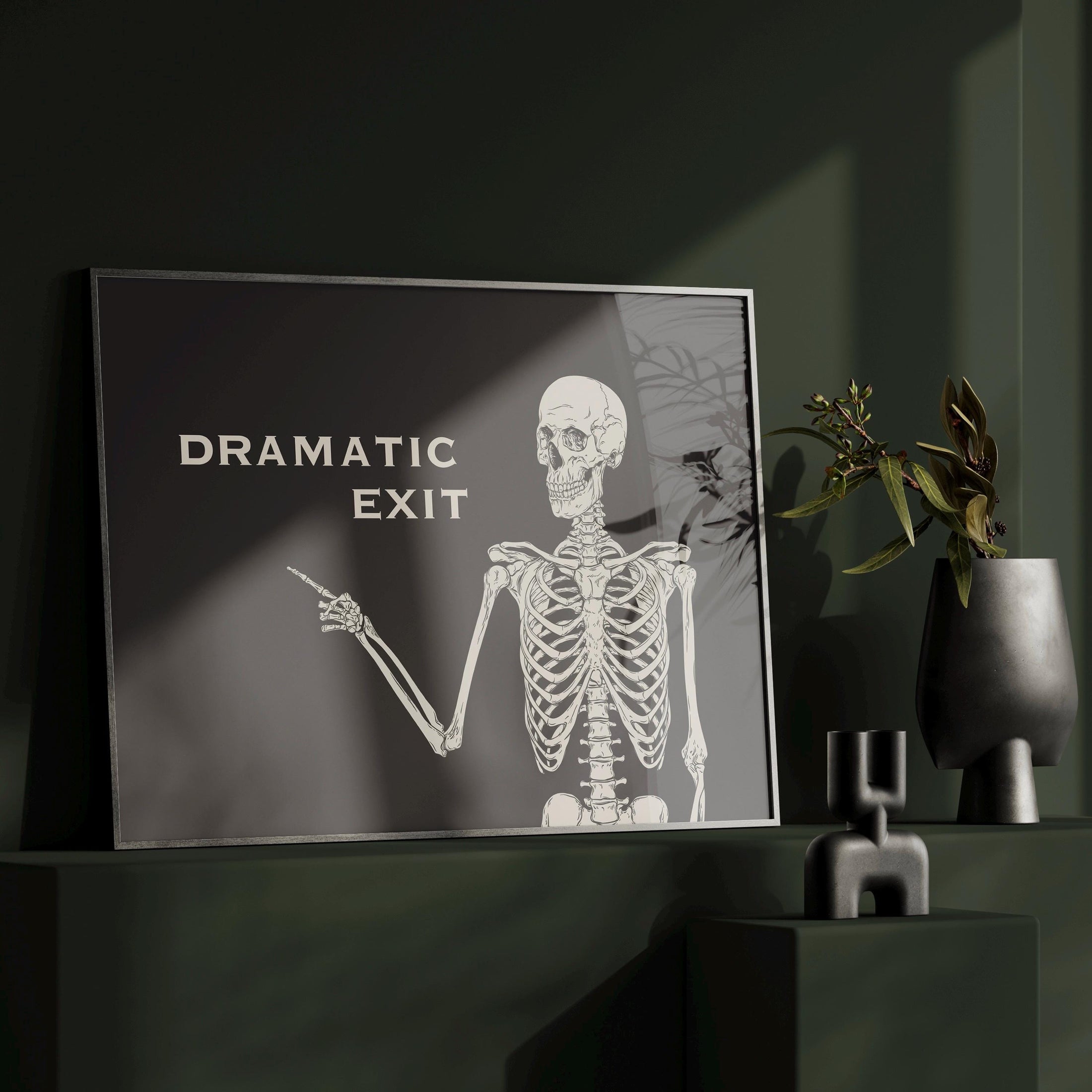 Funny Skull Print: Black and White Skeleton Art - Dramatic Exit