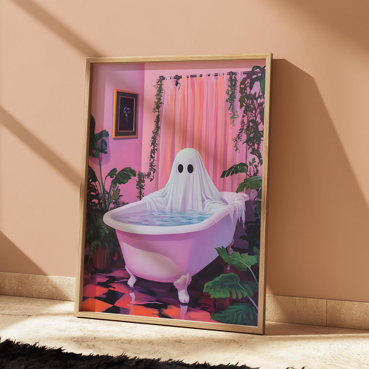 Image of a ghost sitting in a bathroom in a pink bathroom surrounded by plants