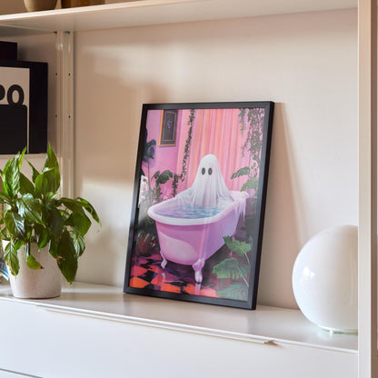 Image of a ghost sitting in a bathroom in a pink bathroom surrounded by plants