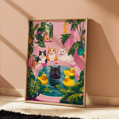 Funny Cat Bathroom Print: Quirky Pink Wall Art