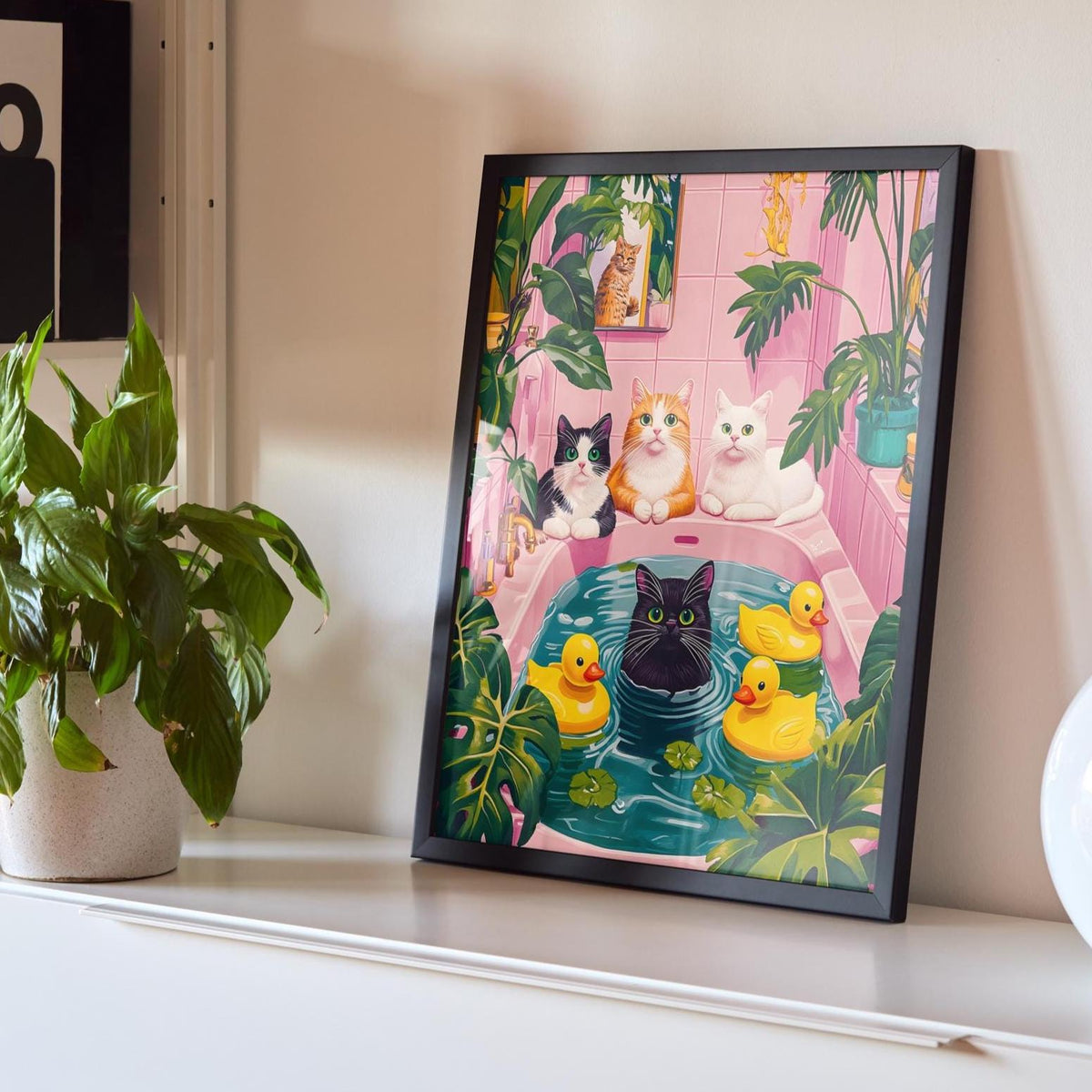 Funny Cat Bathroom Print: Quirky Pink Wall Art