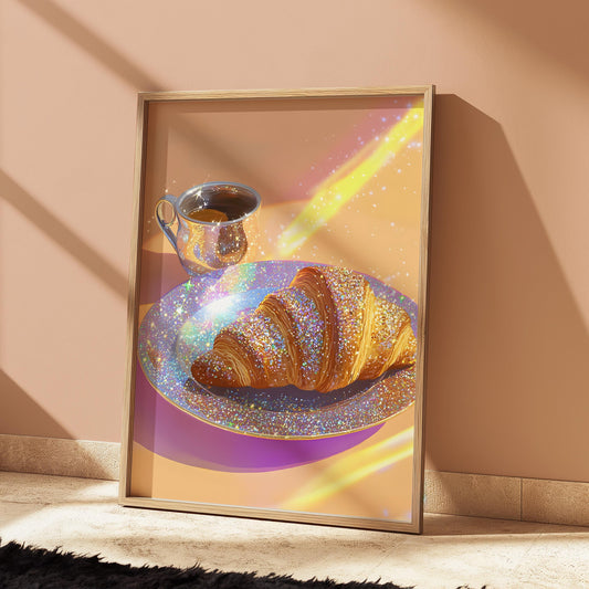 Coffee and Croissant Kitchen Print: Sparkle Cafe Decor