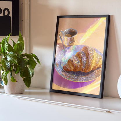 Coffee and Croissant Kitchen Print: Sparkle Cafe Decor