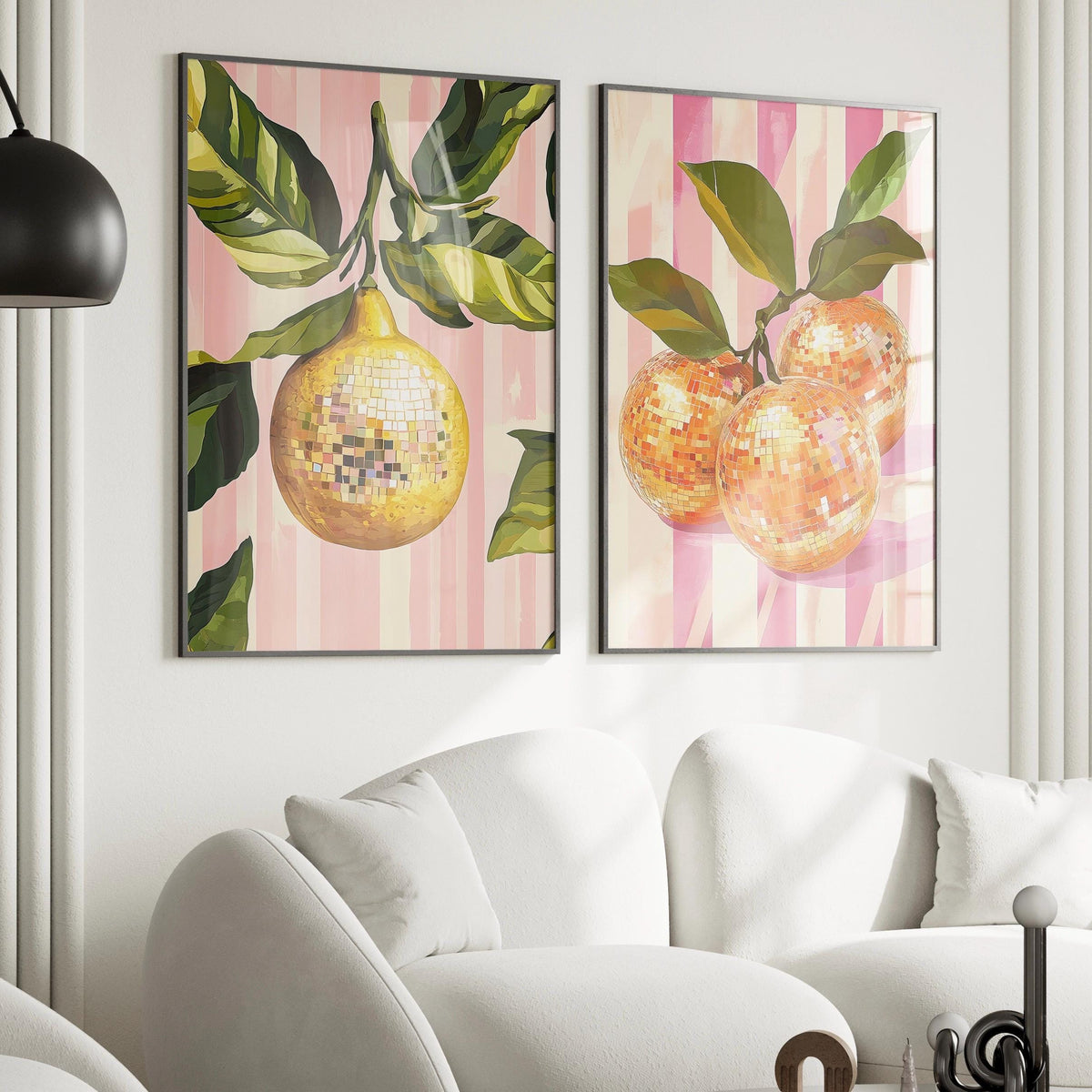 Disco Ball and Orange Prints: Eclectic Kitchen Art, Set of 2