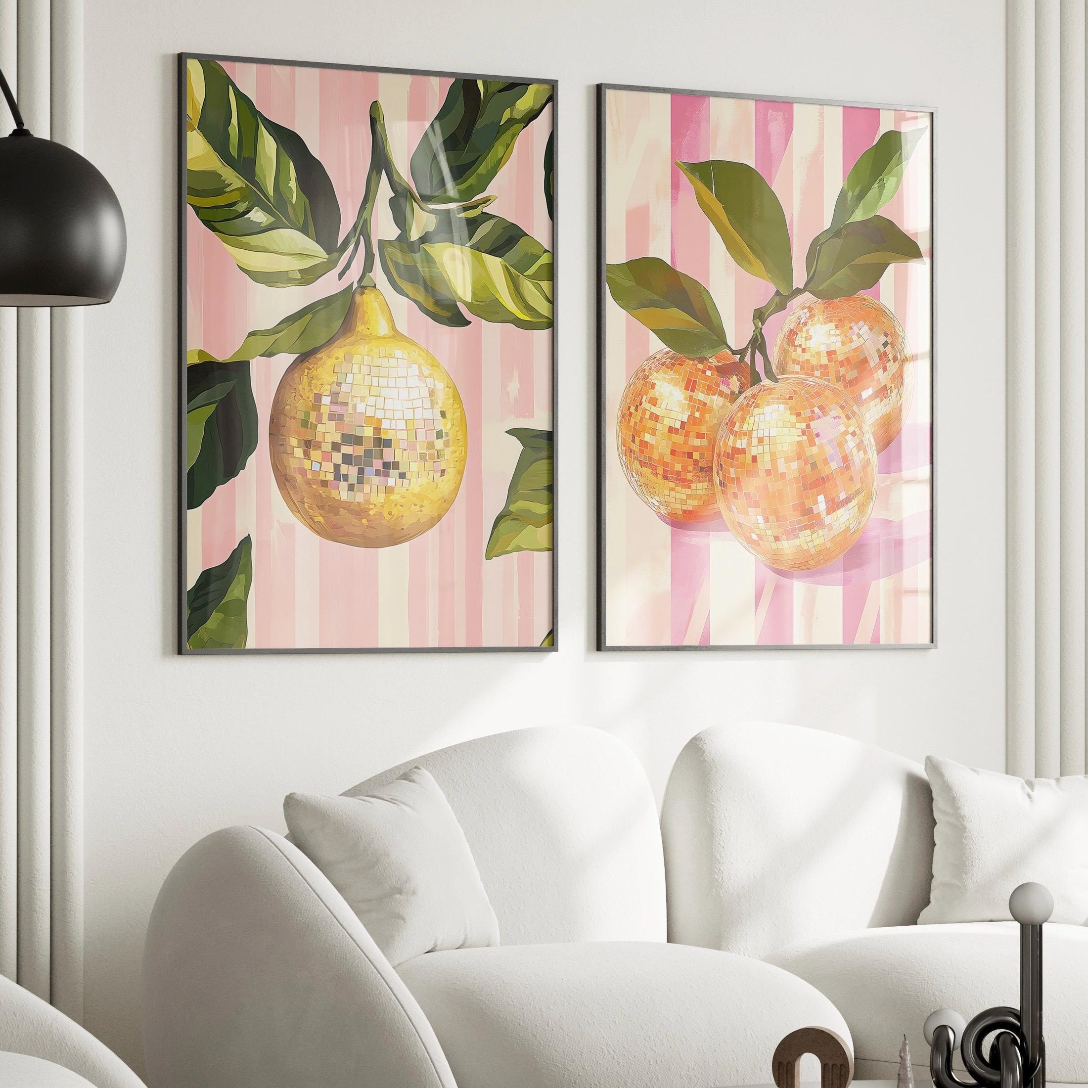 Disco Ball and Orange Prints: Eclectic Kitchen Art, Set of 2
