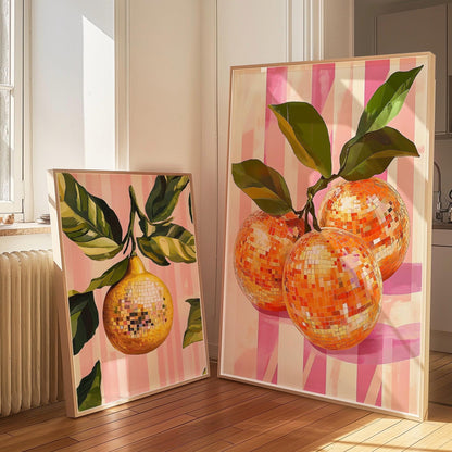 Disco Ball and Orange Prints: Eclectic Kitchen Art, Set of 2