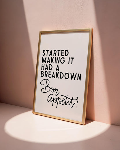 Funny Kitchen Wall Art  Print -  Bake Off 'Bon Appetit' Quote - Cooking Decor - James Akester Quotes - Pink Prints