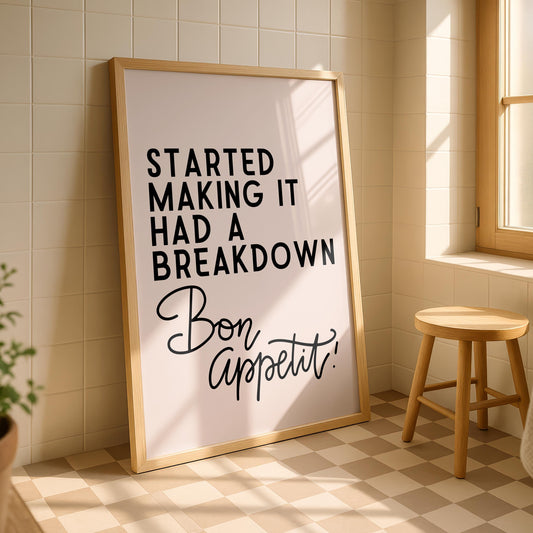 Funny Kitchen Wall Art  Print -  Bake Off 'Bon Appetit' Quote - Cooking Decor - James Akester Quotes - Pink Prints