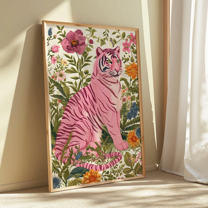 Tiger Art Print - Pink Tiger - Gallery Wall Poster - Floral Artwork