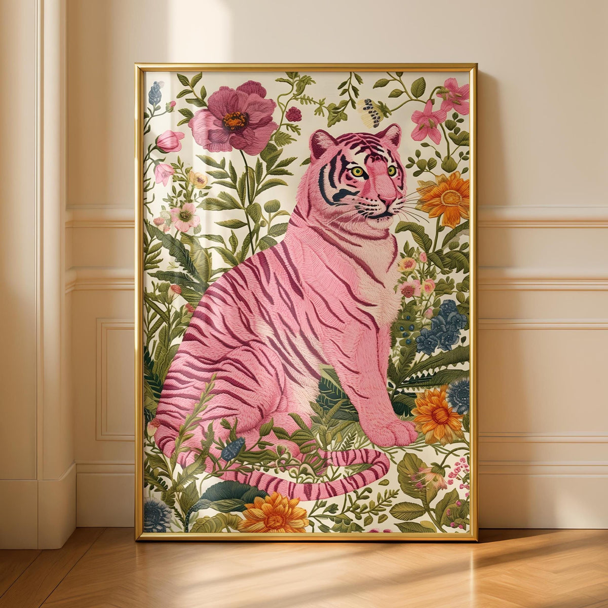 Tiger Art Print - Pink Tiger - Gallery Wall Poster - Floral Artwork