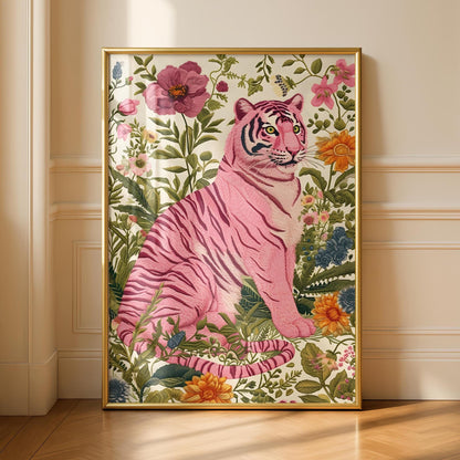 Tiger Art Print - Pink Tiger - Gallery Wall Poster - Floral Artwork