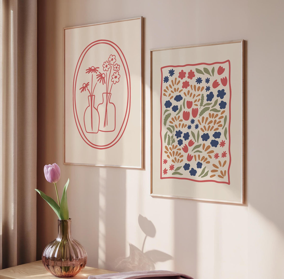 Set of 2 Floral Prints - Typography Set of 2 Boho poster - Matching Posters Decor - Muted Colours