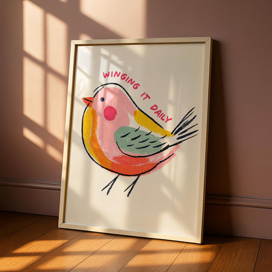 Winging It - Colourful Bird Wall Art - Kitchen Decor - Bright Modern Print - Pastel posters