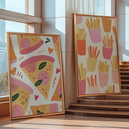 Set of 2 pizza and fries Prints - Matching Kitchen Art, Set of 2 Fun Kitchen Poster