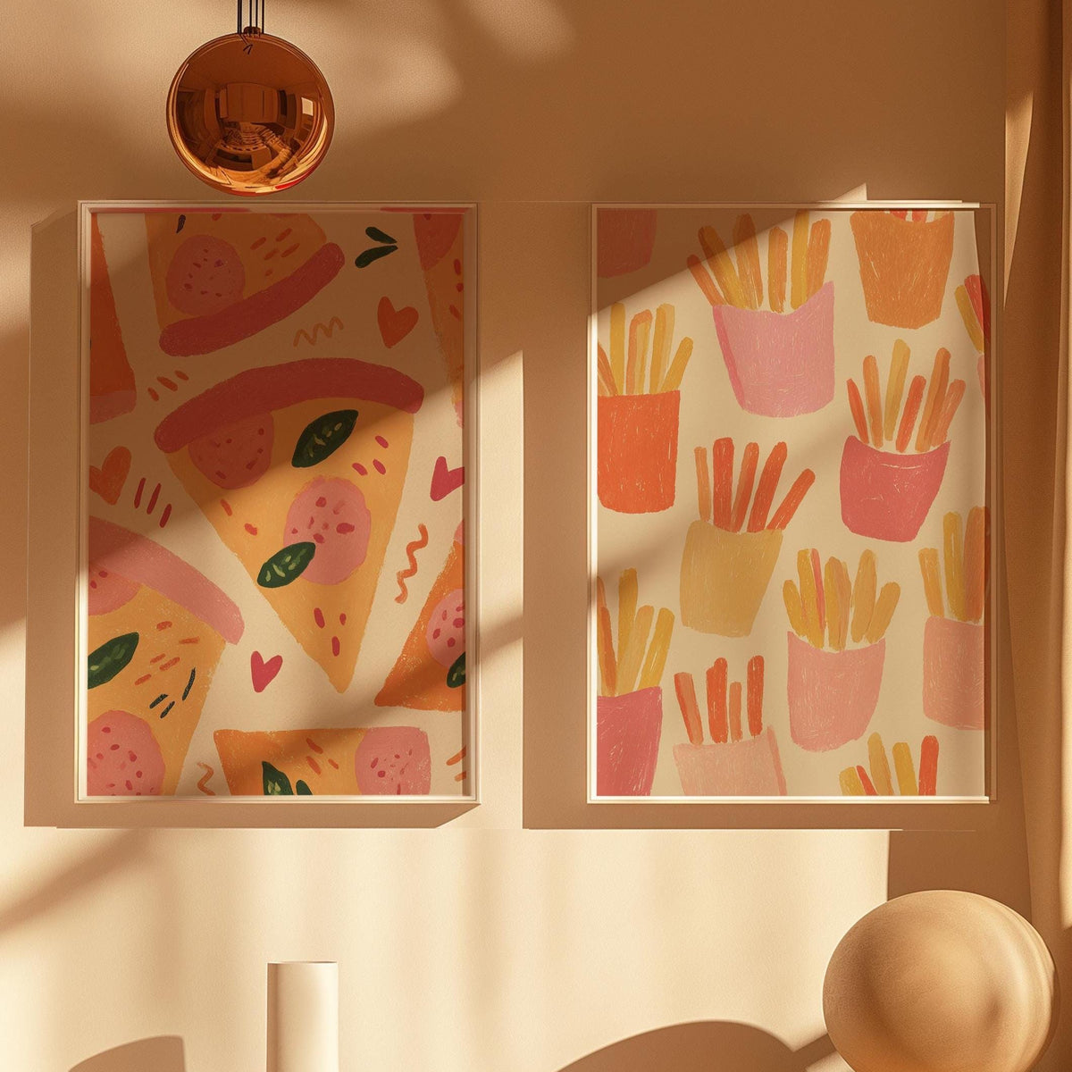 Set of 2 pizza and fries Prints - Matching Kitchen Art, Set of 2 Fun Kitchen Poster