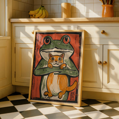 Frog and Cat - Cat Art Print - Ginger Cat Art - Frog Prints - Gallery Wall Poster - Japanese Poster