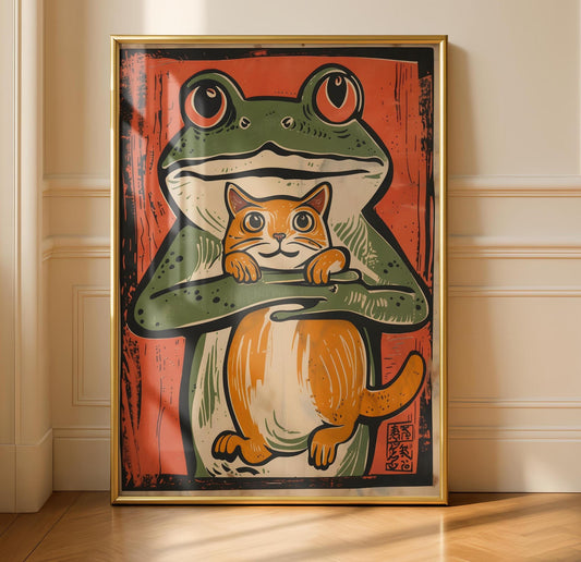 Frog and Cat - Cat Art Print - Ginger Cat Art - Frog Prints - Gallery Wall Poster - Japanese Poster