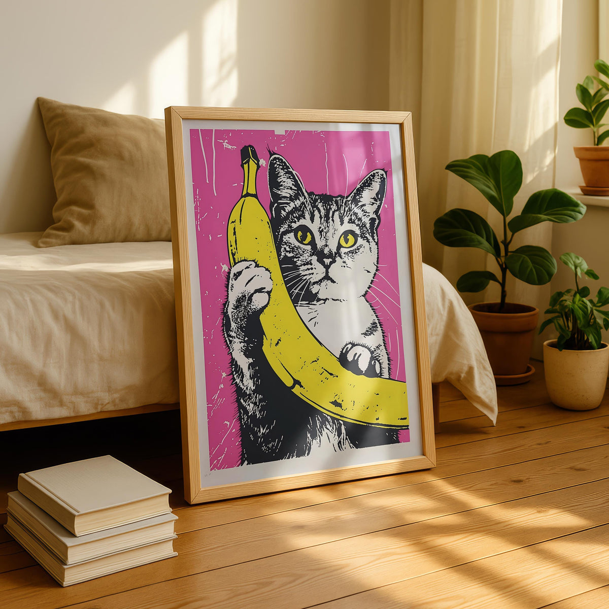 Cat Art Print - Funny Cat Art - Gallery Wall Poster - Pink and yellow Art - Banana Print