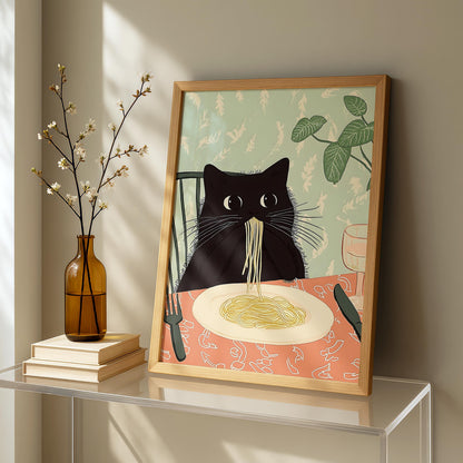 Black Cat Art Print - Pasta Prints - Kitchen Decor - Dining Art - Fun Wall Art