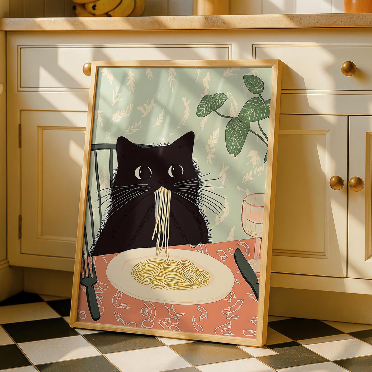 Black Cat Art Print - Pasta Prints - Kitchen Decor - Dining Art - Fun Wall Art