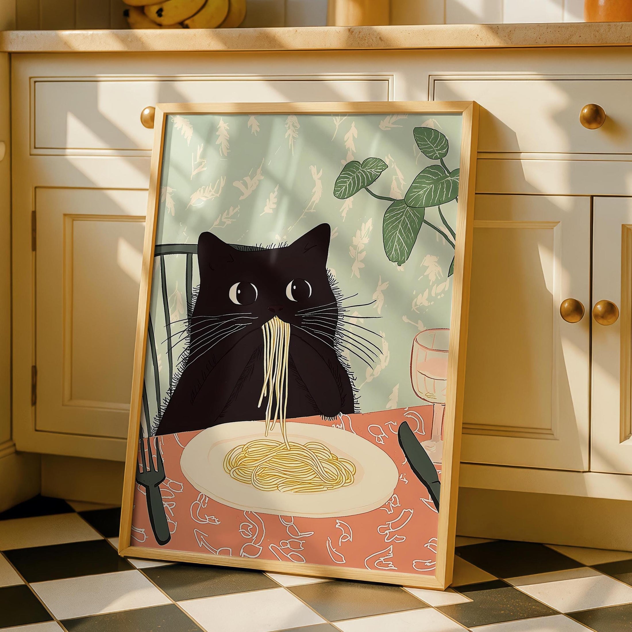 Black Cat Art Print - Pasta Prints - Kitchen Decor - Dining Art - Fun Wall Art