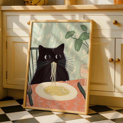 Black Cat Art Print - Pasta Prints - Kitchen Decor - Dining Art - Fun Wall Art