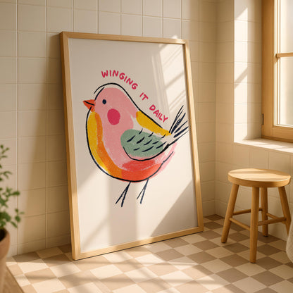 Winging It - Colourful Bird Wall Art - Kitchen Decor - Bright Modern Print - Pastel posters