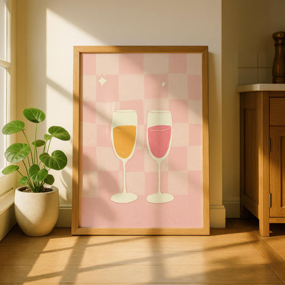 Pink Checker Print - Pink Checkerboard - Champagne Art - Kitchen Decor