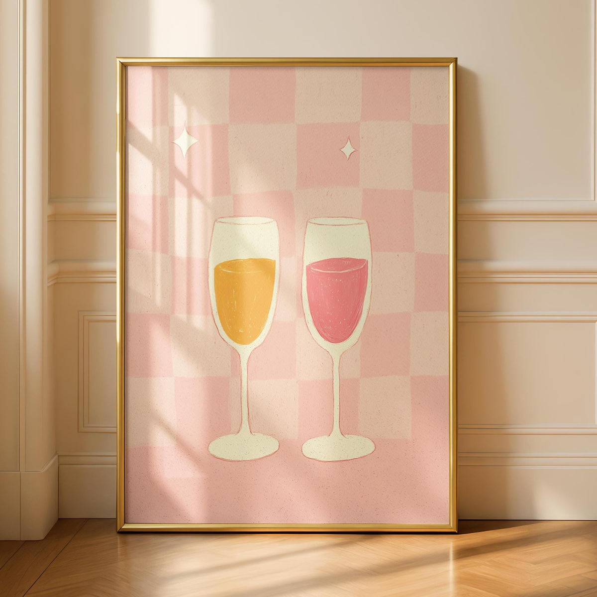 Pink Checker Print - Pink Checkerboard - Champagne Art - Kitchen Decor