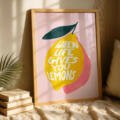 When life gives you Lemons Art - Lemon Print - Kitchen Wall Art - Funky Home Decor - Pink Yellow Art