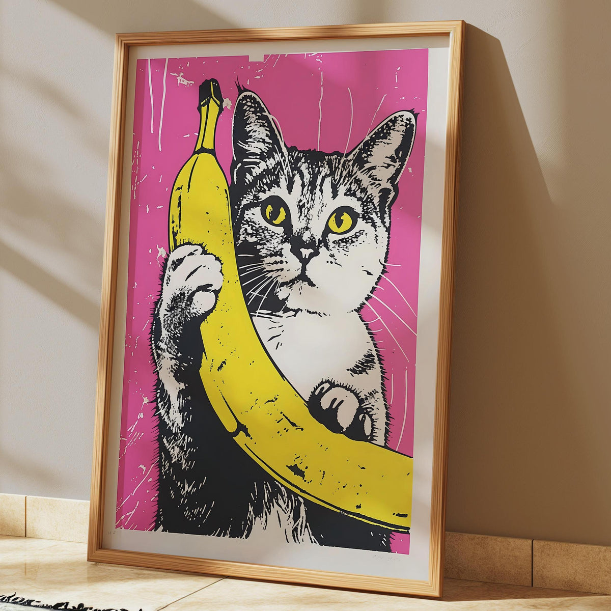 Cat Art Print - Funny Cat Art - Gallery Wall Poster - Pink and yellow Art - Banana Print