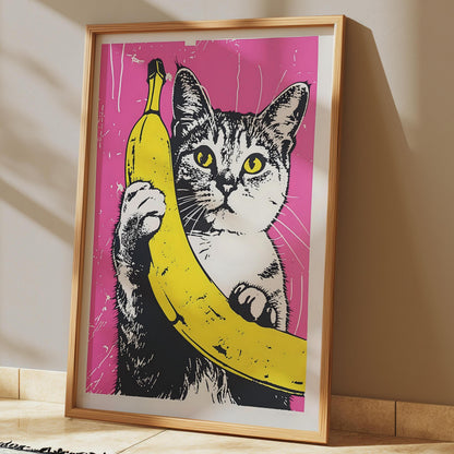 Cat Art Print - Funny Cat Art - Gallery Wall Poster - Pink and yellow Art - Banana Print